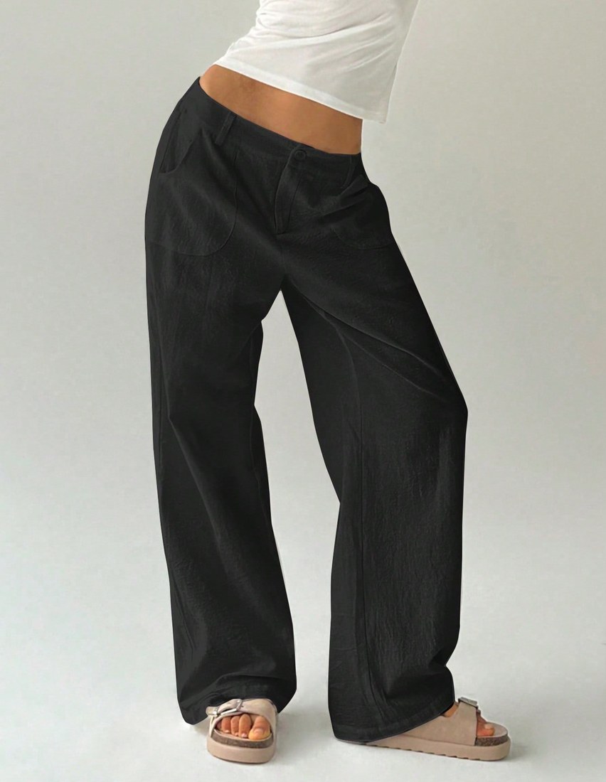 Women Plain Simple Low Waist Straight Leg Pants Ladies Spring Fall Casual Pocket Zipper Ultra Long Black Cotton Loose Daily Wear