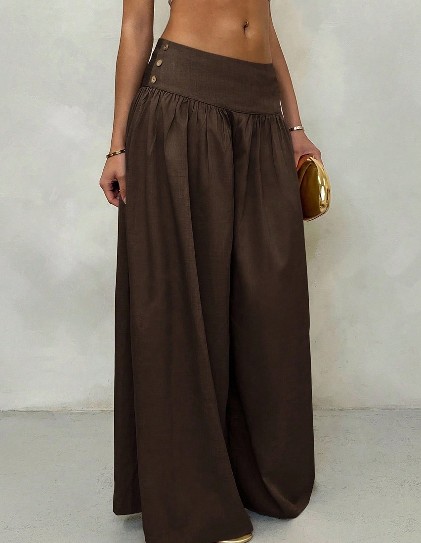 Glamine Vintage Low-Waist Wide Leg Pants, Draped Casual Women's Trousers Brown Pants Brown Wide Leg Pants Wide Pants Skirt Pants