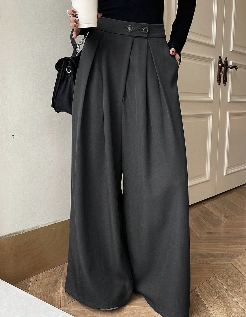 Women Solid Color Pleated Casual Pockets High Waist Wide Leg Pants Back To School Clothes