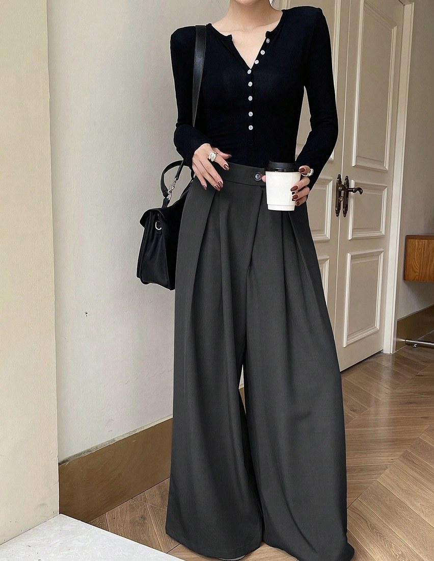 Women Solid Color Pleated Casual Pockets High Waist Wide Leg Pants Back To School Clothes