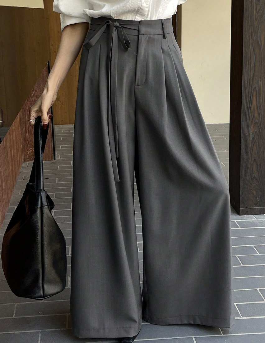 Women s Solid Color Casual Tie Up Pleated Wide Leg Pants