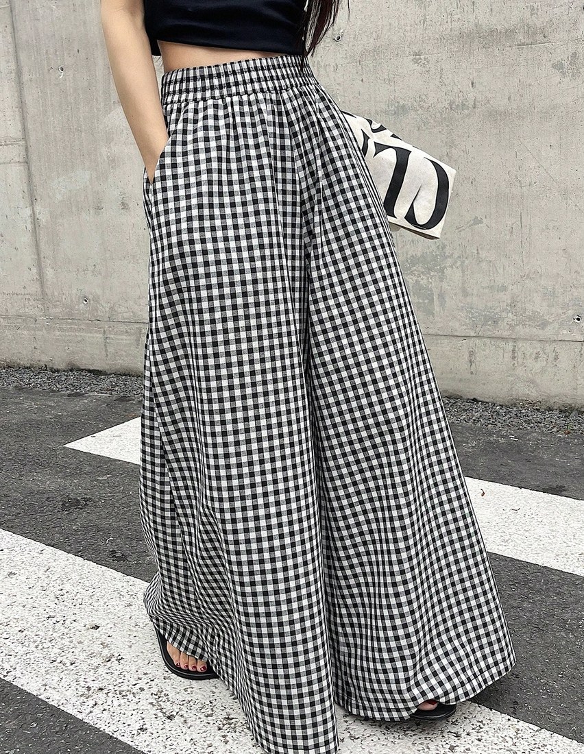 Spring And Summer Checked High Waist Wide Leg Pants With Elastic Waistband Plaid