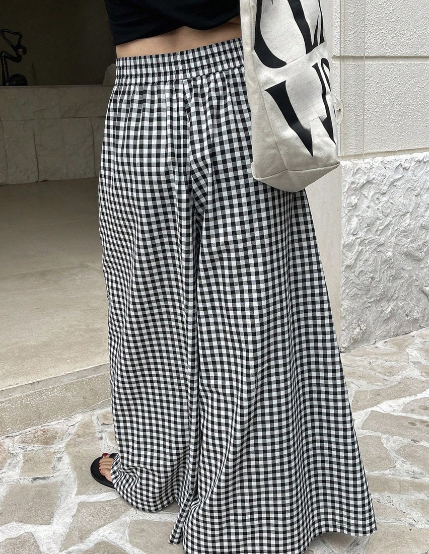 Spring And Summer Checked High Waist Wide Leg Pants With Elastic Waistband Plaid