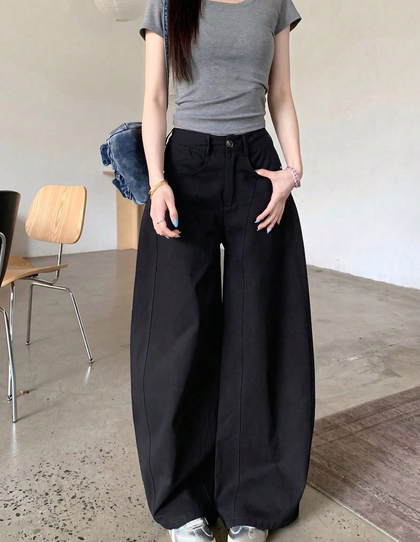 Washed Curved Hem Wide Leg Pants For Women Loose Casual Fashion Versatile Long Pants Black