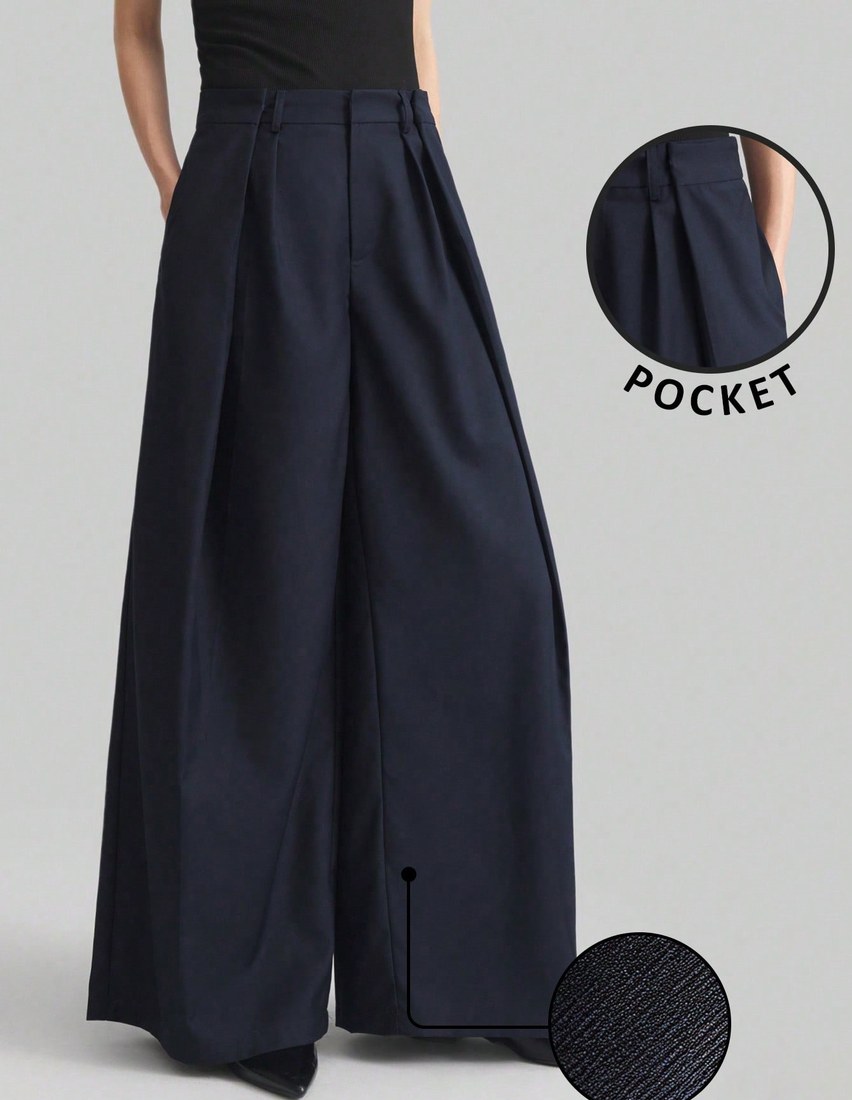 Ontre 2025 New Navy Blue Wide Leg Pants For Women Winter Elegant Office Business Casual French Style Design High Quality Premium Material Urban Commute Wear