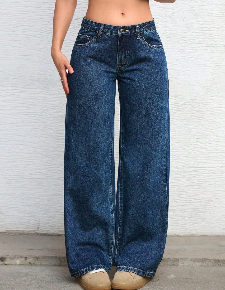 Solid Color Slant Pocket Casual Versatile Wide Leg Jeans