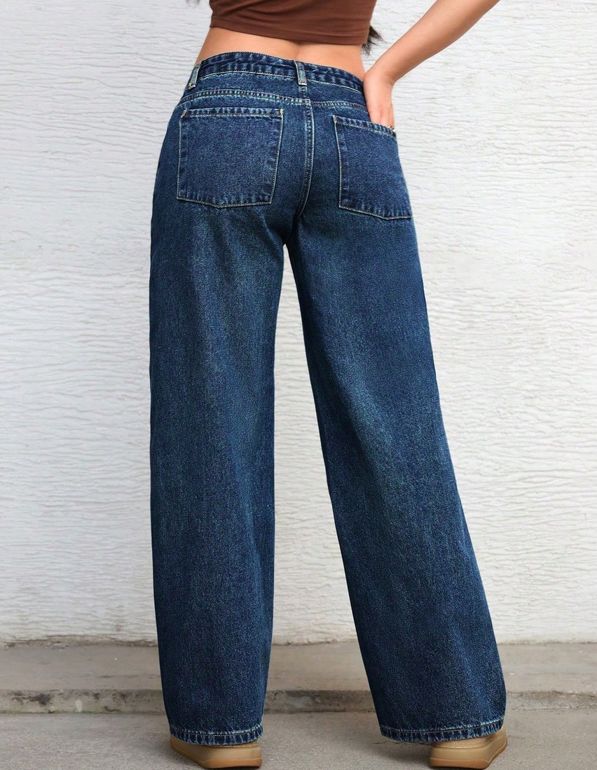 Solid Color Slant Pocket Casual Versatile Wide Leg Jeans