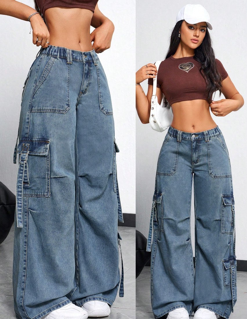 Women s Loose Casual Denim Jeans Wide Leg Blue Summer Streetwear City Break Ladies Pleats Drop Waist Mom Fit Long Pants Daily Wear Spring Fall