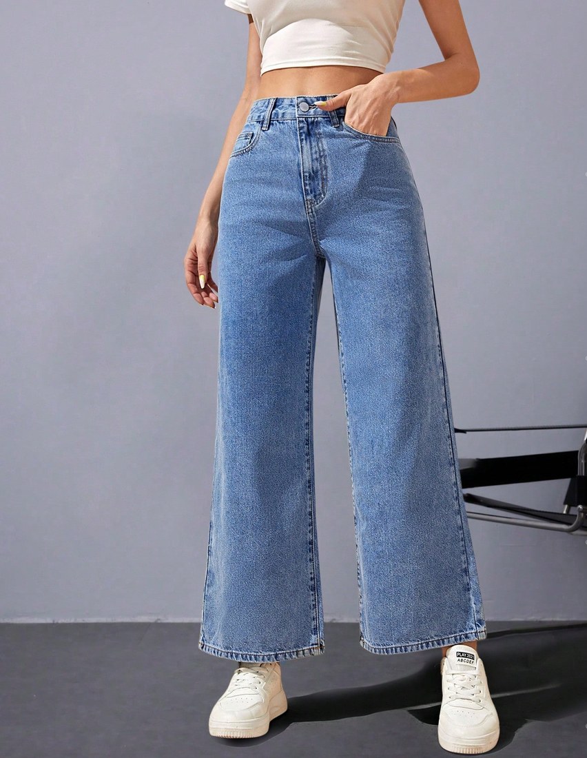 Women High Waist Wide Leg Straight Leg Jeans