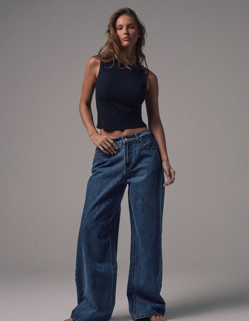 MUSERA Mid Waist Wide Leg Blue Wash Silver Button Detail Denim Jeans Rise Casual Winter Night Out Back To School Office Work Date Core Chic Spring Summer