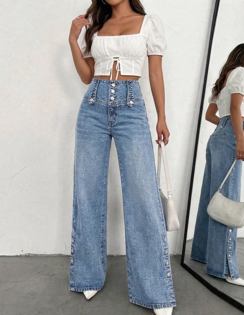 Women s High Waist Wide Leg Washed Denim Pants With Functional Buttons Medium Stretch Suitable For Daily Wear Casual Fall