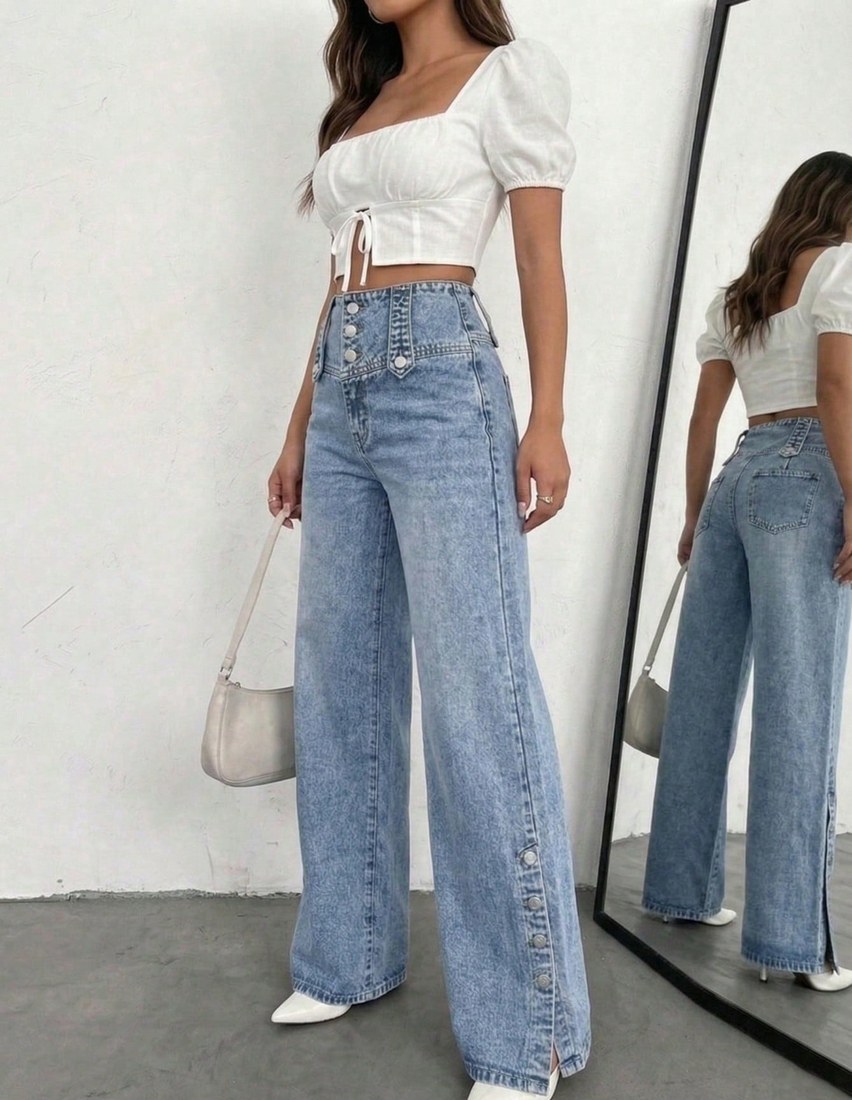 Women s High Waist Wide Leg Washed Denim Pants With Functional Buttons Medium Stretch Suitable For Daily Wear Casual Fall