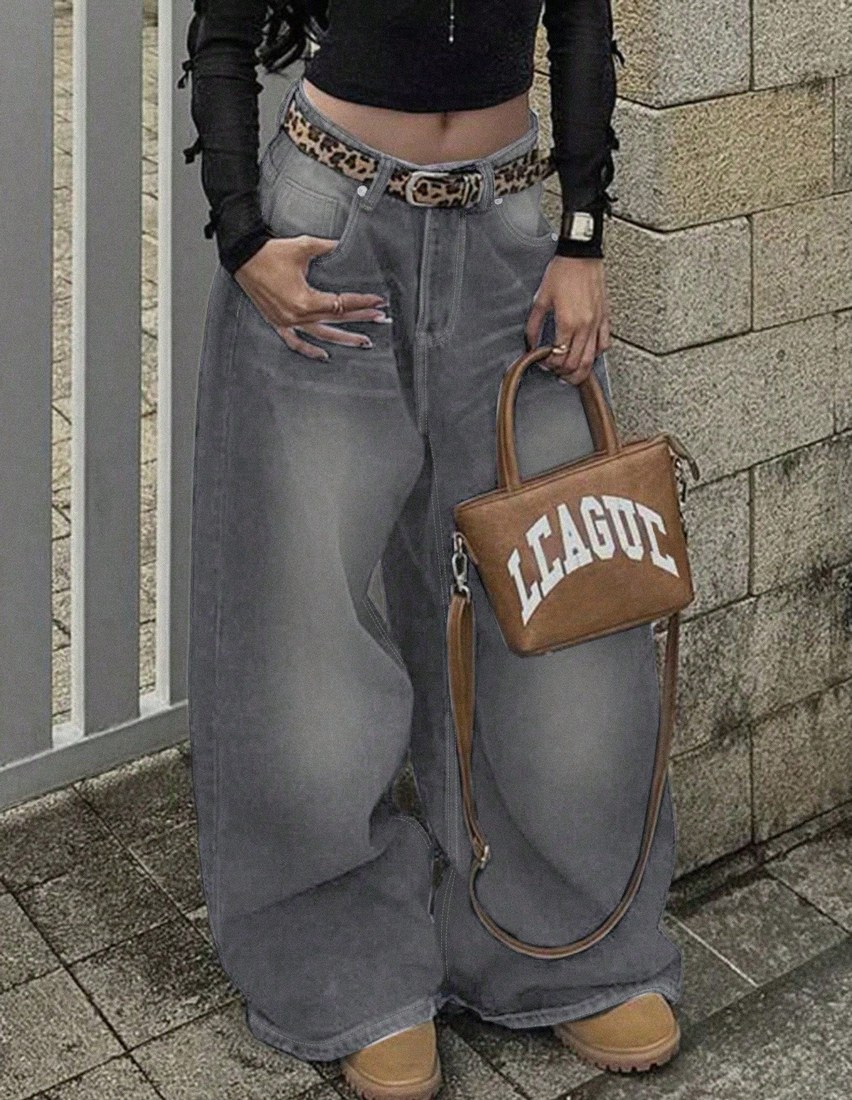 Retro High Street Washed Gray Denim Jeans Women s Fashion Design Straight Loose Casual Wide Leg Pants For Fall