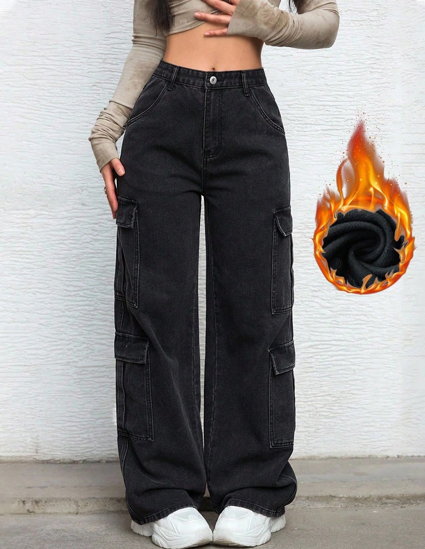Women s Summer Zipper Fly Flap Pocket Cargo Jeans