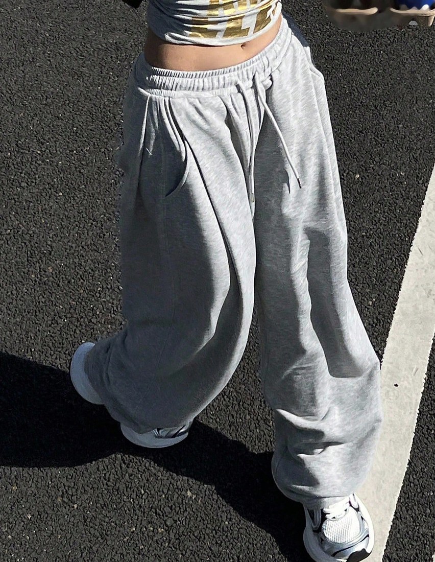 Women's Loose Pleated Solid Color Casual Sports Pants, Spring Fall Sweatpants