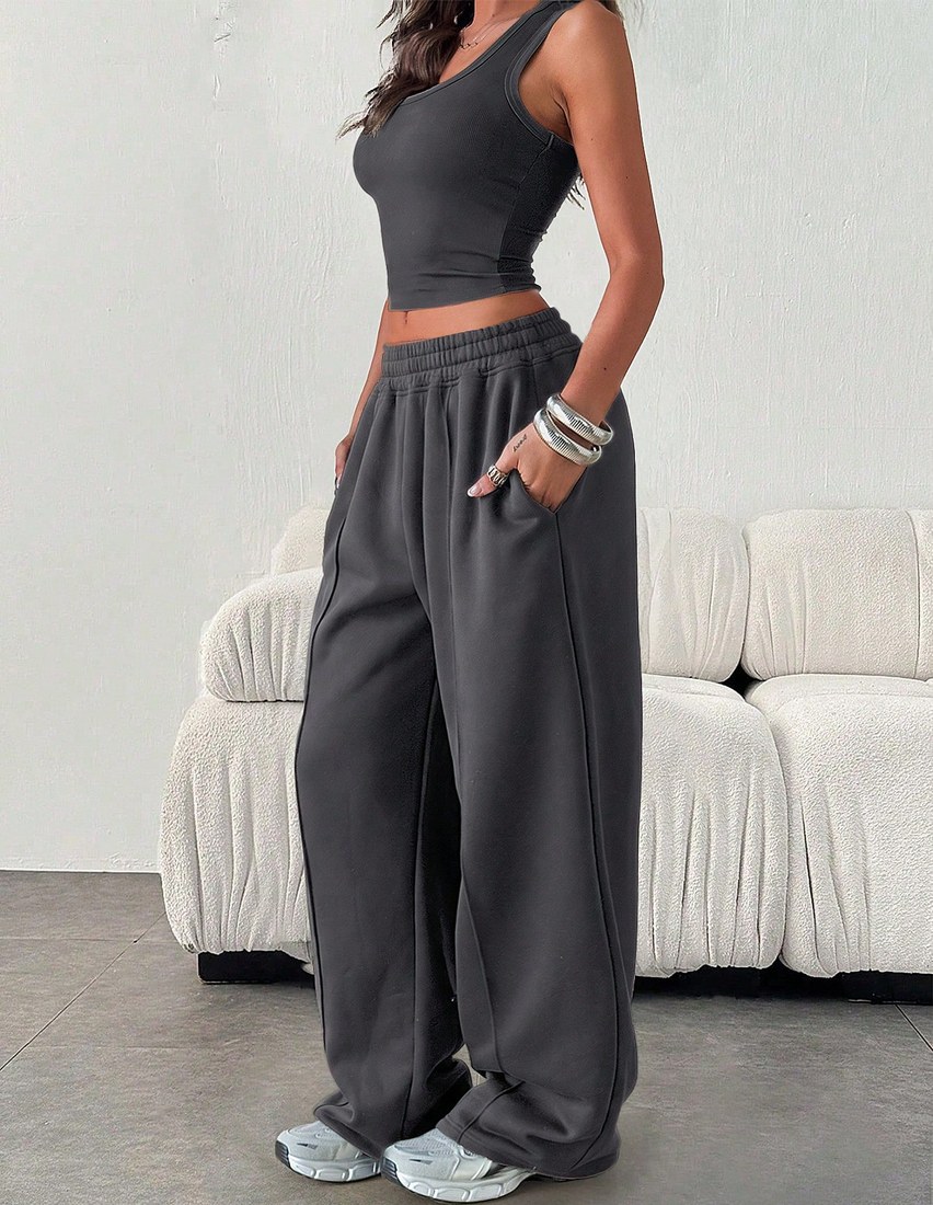 Women Casual Loose Solid Color Elastic Waist Sweatpants With Pockets Winter