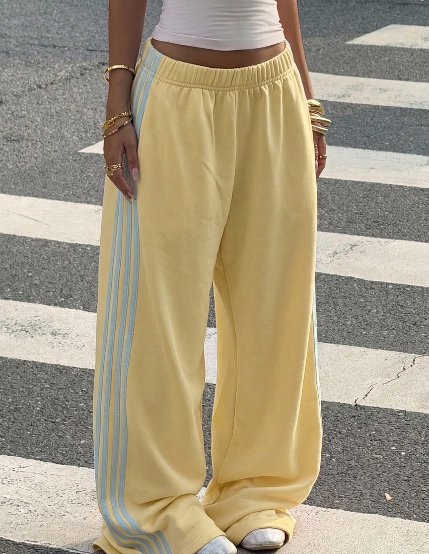 Women's Light Yellow Contrast Color Casual Sporty Loose Knit Sweatpants Back-To-School Everyday Summer
