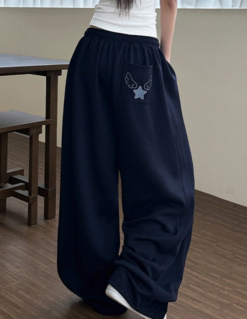 Women s Elastic Waist Pocket Wing Embroidery Pattern Casual Versatile Daily Wear Sweatpants Autumn Winter