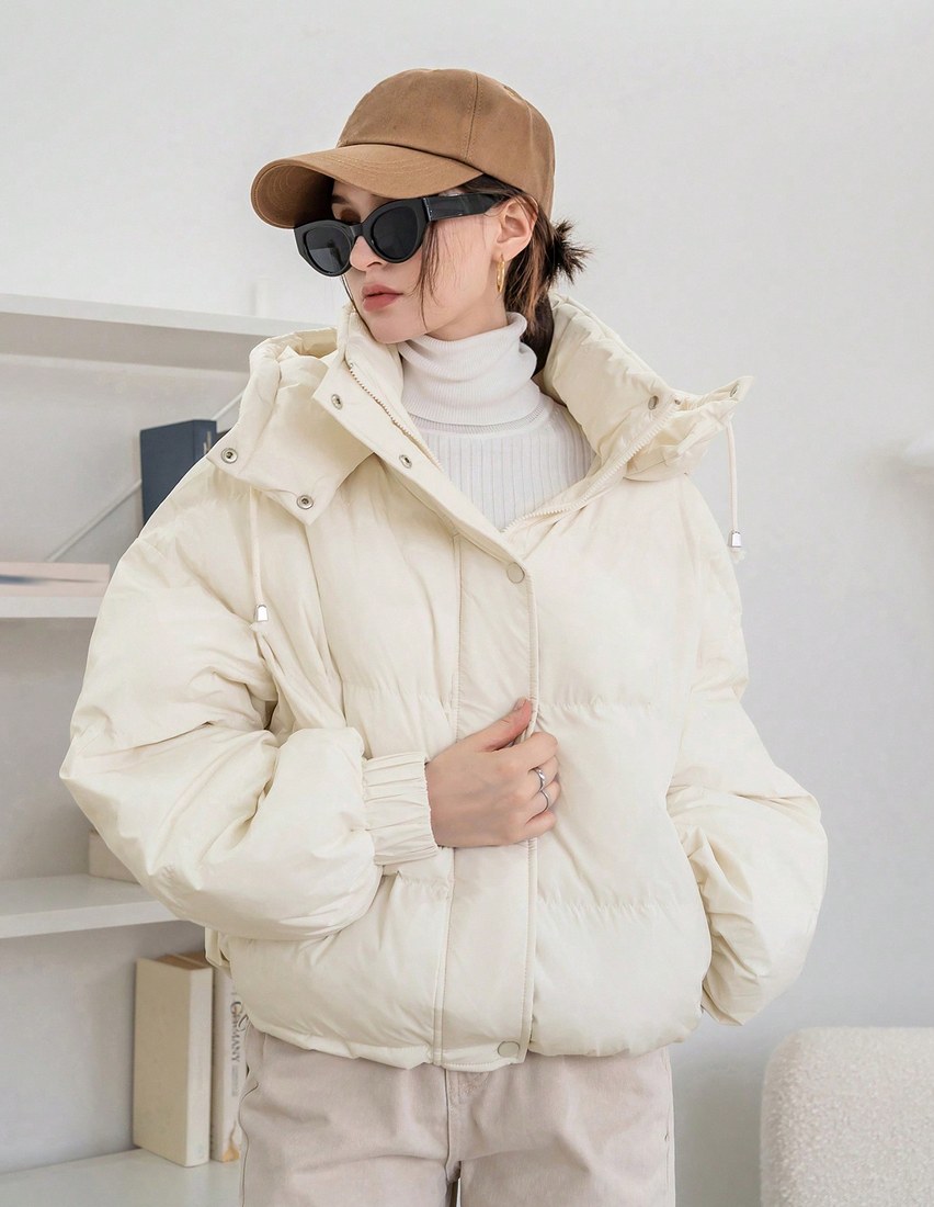 Women s Solid Color Long Sleeve Zipper Collar Casual Hooded Winter Jacket Women Coats
