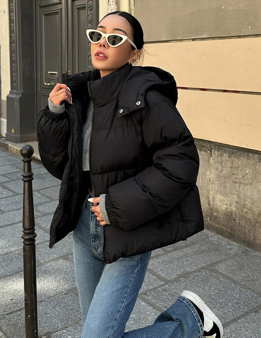 Women s Solid Color Zipper Collar Long Sleeve Hooded Casual Winter Jacket Women Coats