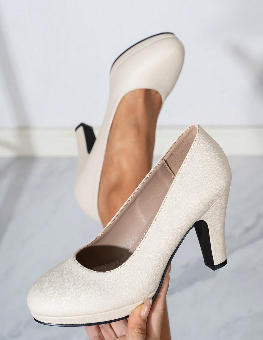 Women s Beige Black High Heel Slip On Pumps Work Shoes FD34487126