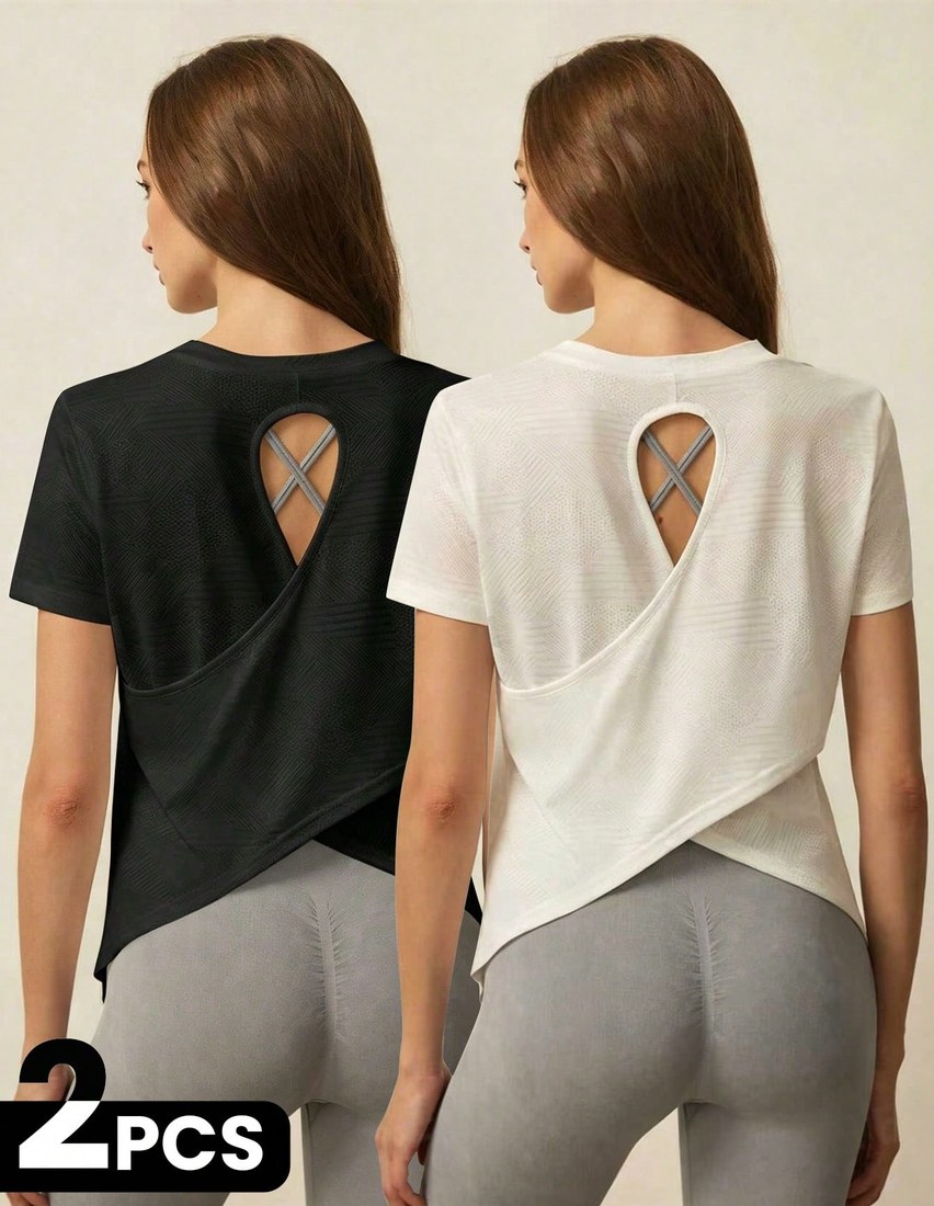 2pcs Women s Casual Sports Solid Color Minimalist Short Sleeve T Shirt