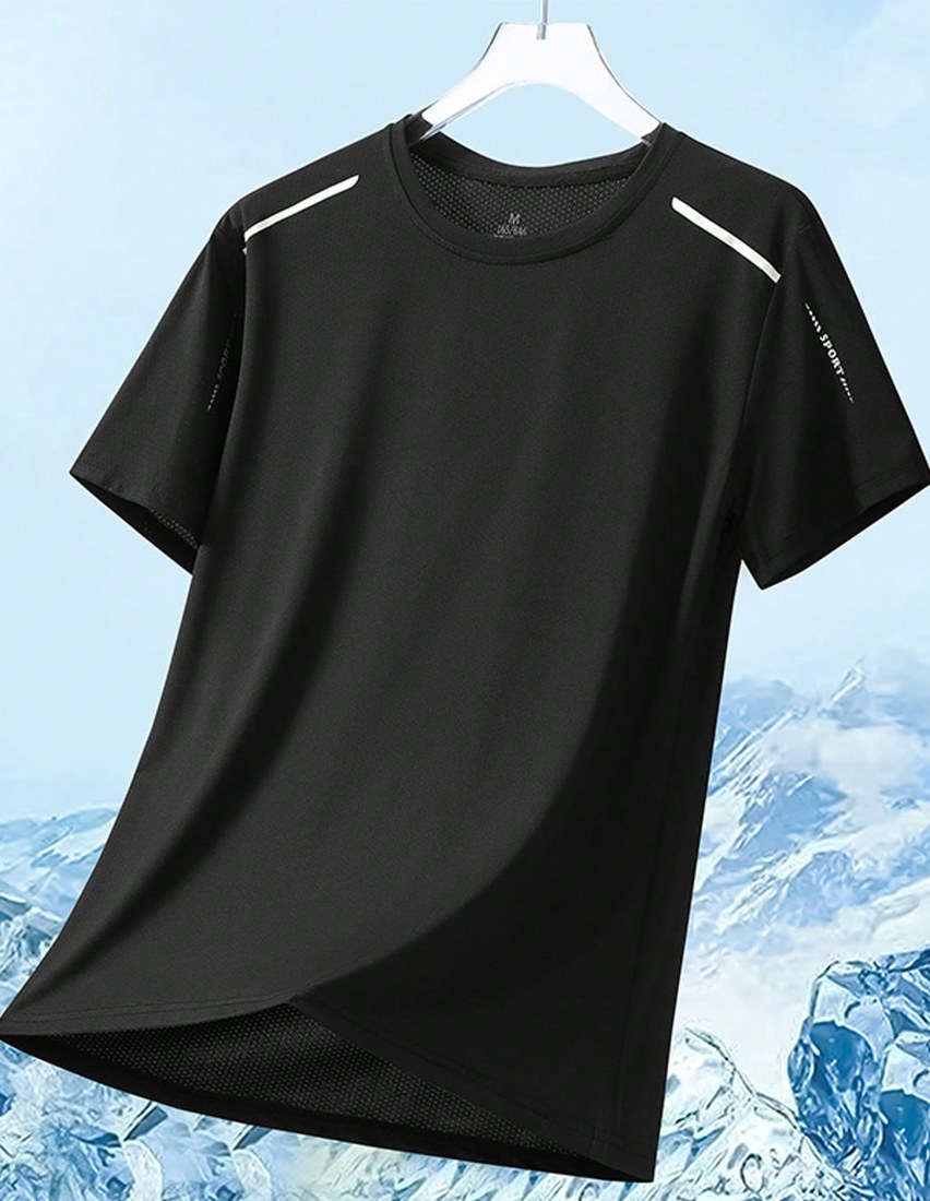 Women s Quick Drying Black Crew Neck Short Sleeve Sports T Shirt Top With Shoulder Stripe Detail For Training