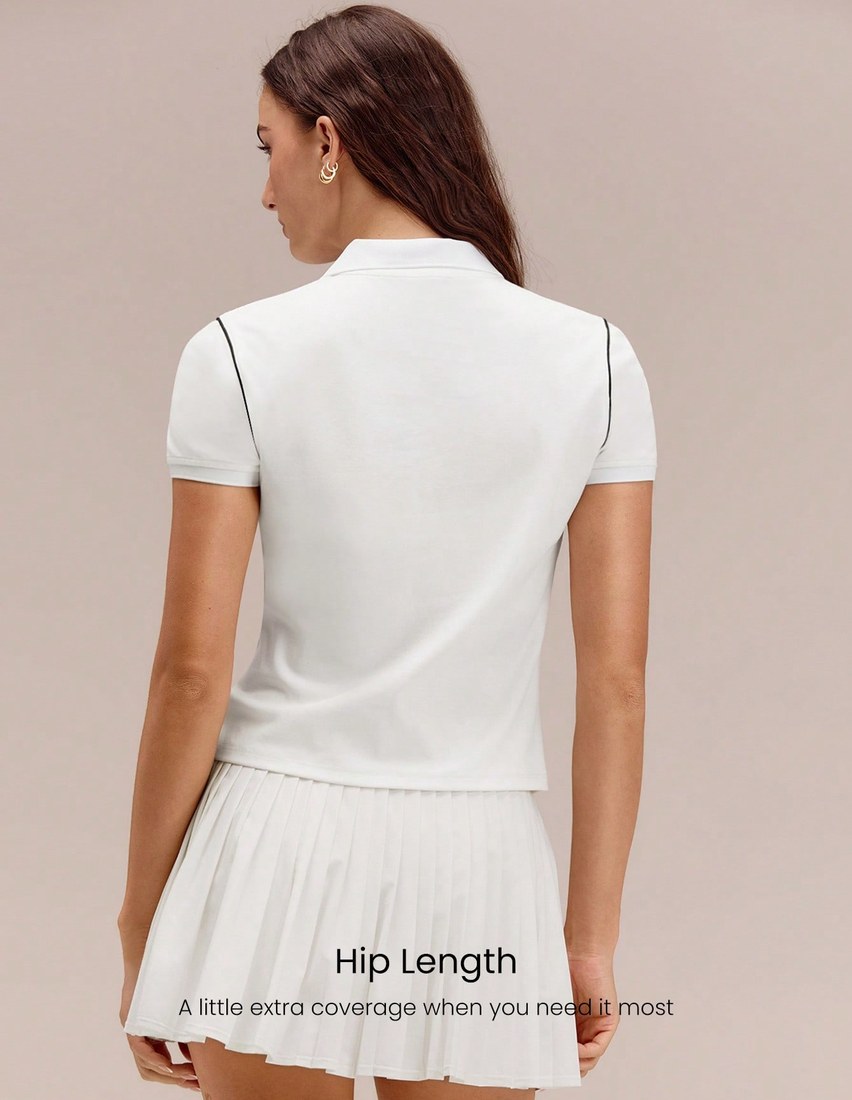 Cotton Pique Glow Match Hip Length Slim Fit Front Logo Contrast Piping Knit Flat Collar Polo Tee Tennis Golf Pickleball Daily Casual Wear