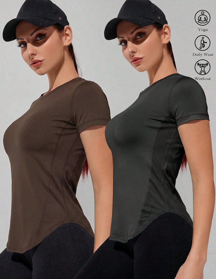 2pcs Women s Minimalist Solid Color Short Sleeve Splice Mesh Breathable Fabric Fitted Sports T Shirt
