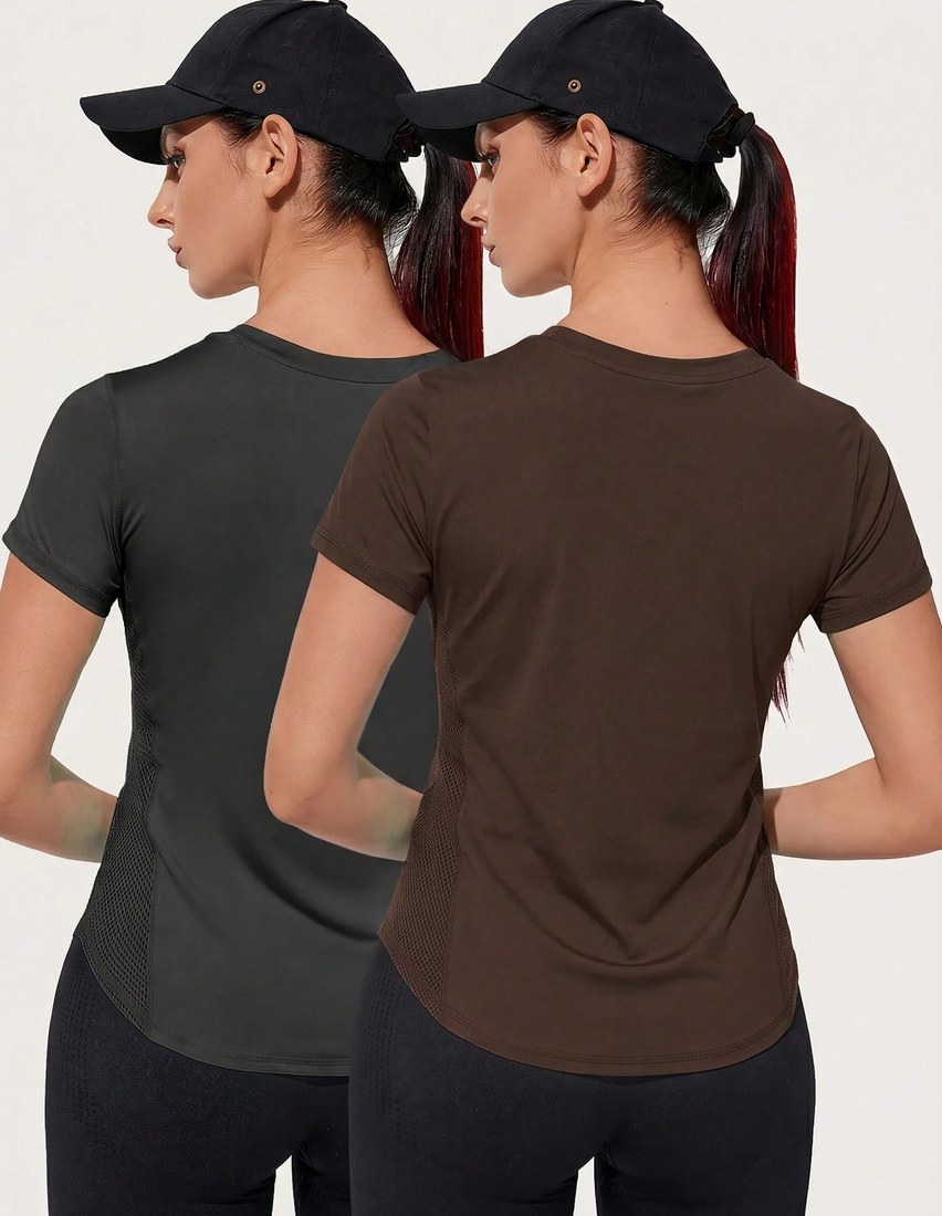 2pcs Women s Minimalist Solid Color Short Sleeve Splice Mesh Breathable Fabric Fitted Sports T Shirt