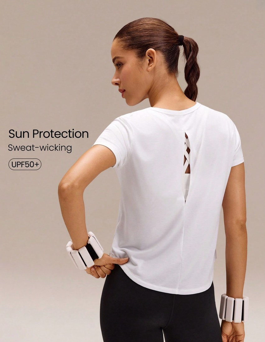 Sunny Skies Regular Fit Waist Length Sun Protective Vertical Seam Open Back Crewneck Tee Training Running Jogging Workout Gym Fitness Active Wear