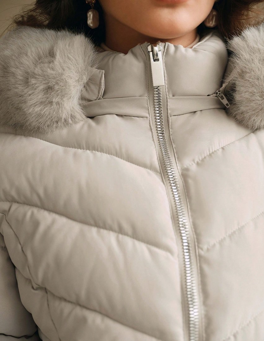 Women Padded Coat With Fur Collar Zippers Long Sleeves Plain Color Winter