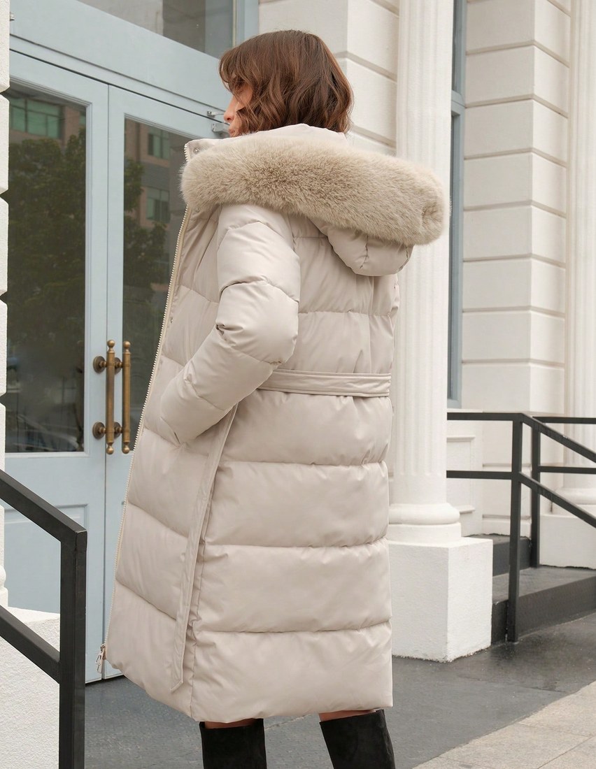 Women s Solid Color Long Sleeve Zip Up Hooded Padded Coat With Faux Fur Trim Winter