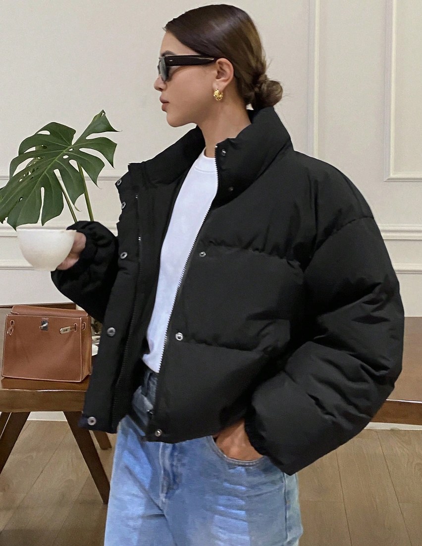 Women s Black Winter Casual Oversized Everyday Padded Coat Loose Fit Long Sleeves Zipper Drop Shoulder Funnel Neck Plain Warm Jacket With Pockets