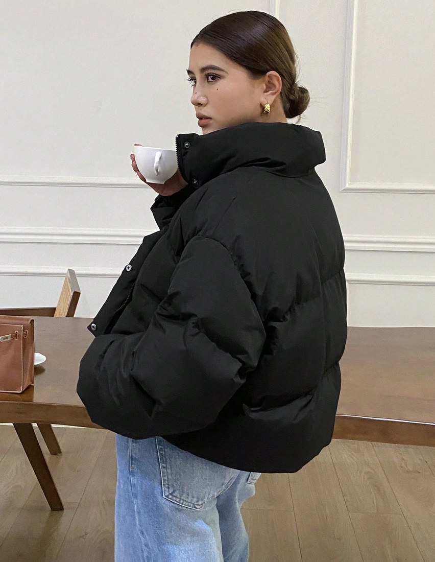 Women s Black Winter Casual Oversized Everyday Padded Coat Loose Fit Long Sleeves Zipper Drop Shoulder Funnel Neck Plain Warm Jacket With Pockets