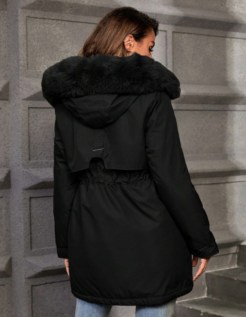 Women s Casual Solid Color Drawstring Waist Faux Fur Collar Hooded Padded Padded Coat Winter Clothes Fall Cloth For Women