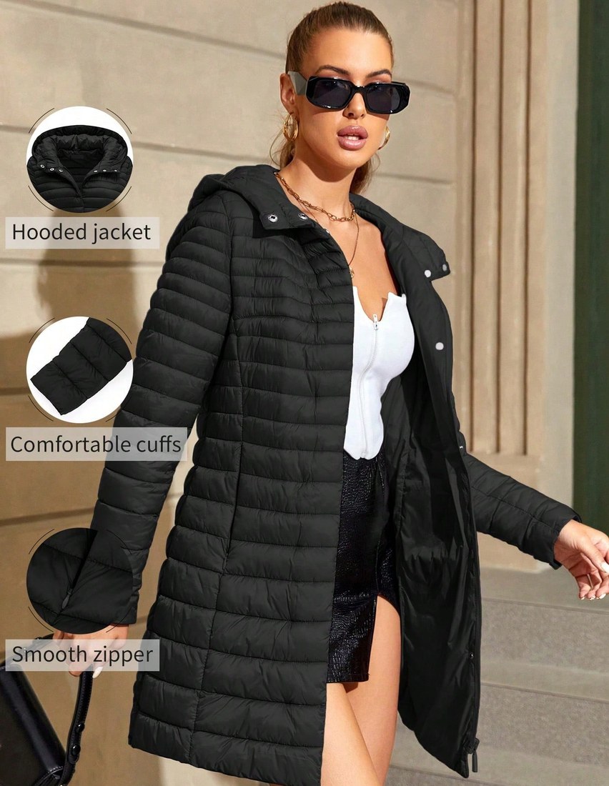 Women s Casual Hooded Down Jacket With Pockets Lightweight And Suitable For Daily Wear Black Elegant Winter