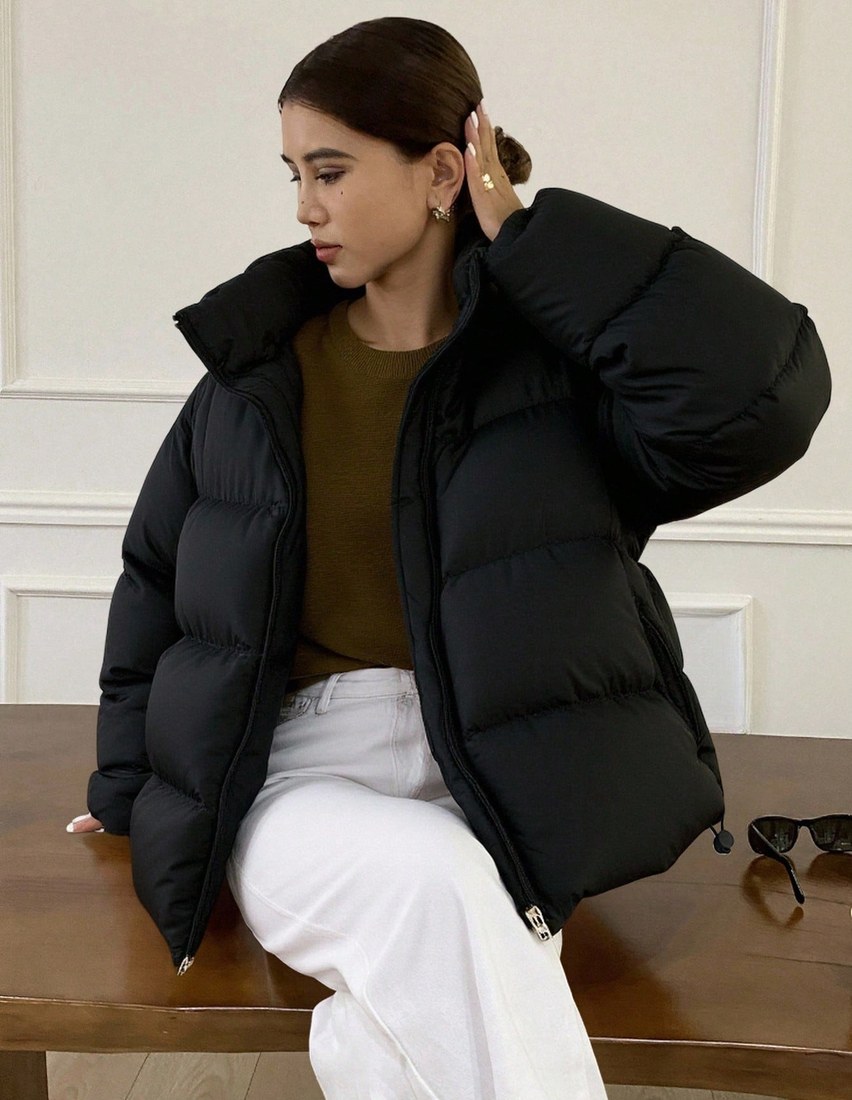 Women Solid Color Drop Shoulder Zip Front Casual Stand Collar Winter Jacket School