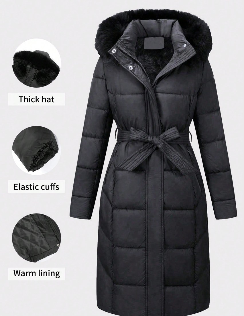 Women s Casual Hooded Jacket With Pockets Lightweight Faux Fur Lined Quilted Windbreaker Suitable For Autumn Daily Wear And Winter Outerwear Black Elegant