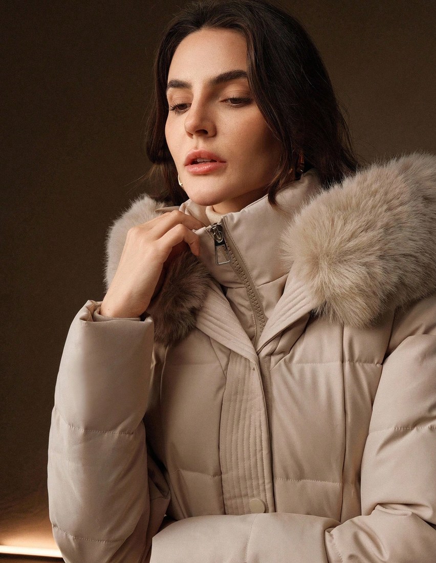 Women s Elegant Cinched Waist Waist Mid Length Puffy Detachable Faux Fur Collar Quilted Zip Up Padded Coat Apricot