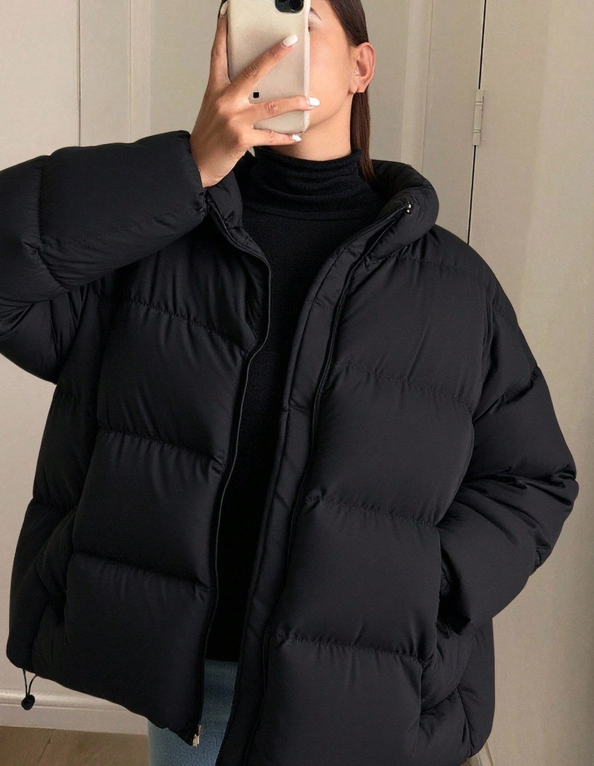 Women Solid Color Drop Shoulder Zip Front Casual Stand Collar Winter Jacket School