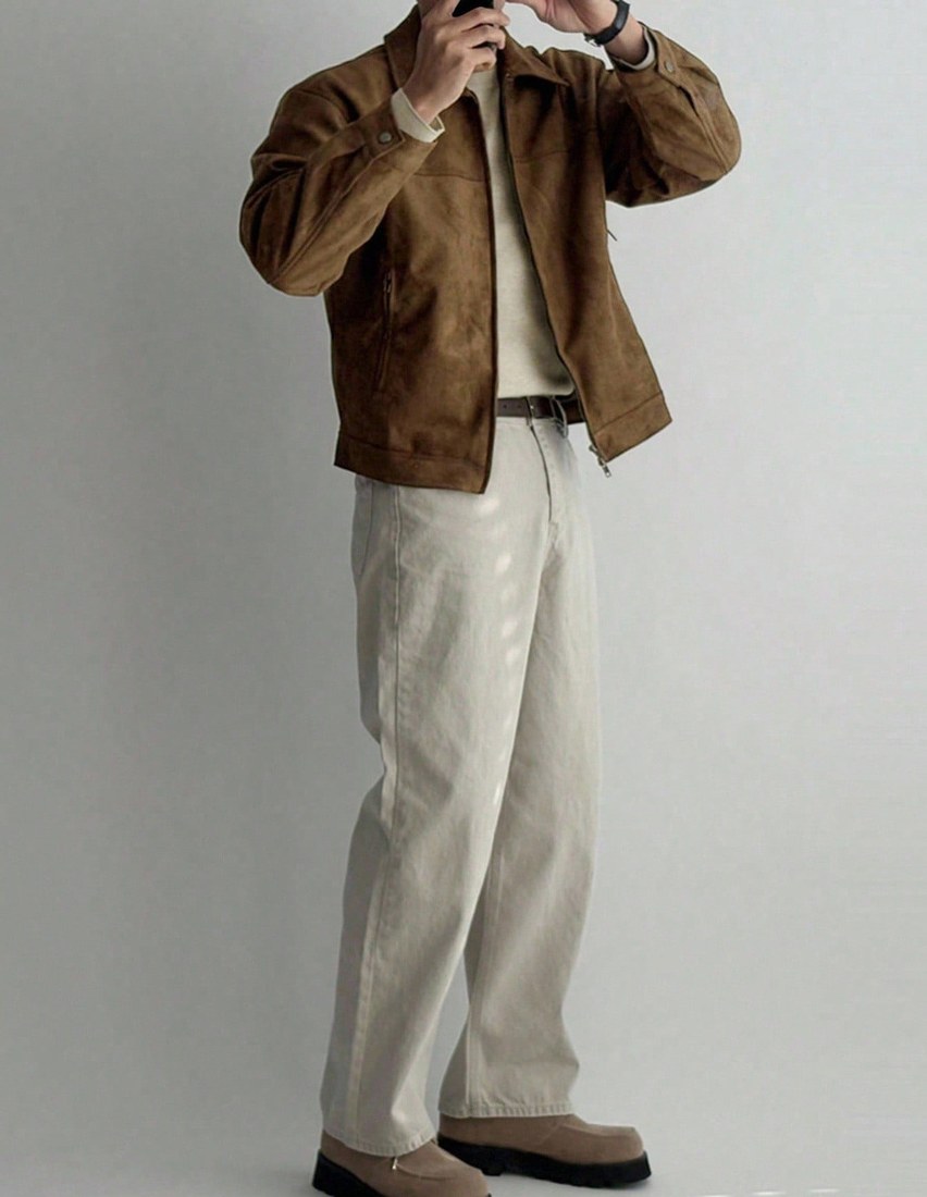 Men s Solid Brown Suede Faux Fur Jacket Autumn