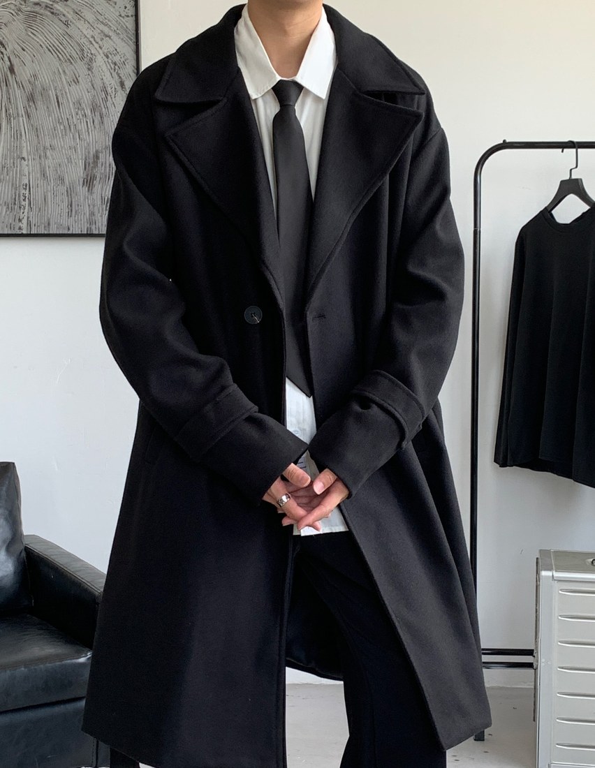 Manfinity Hypemode Loose Fit Men s Long Sleeve Lapel Collar Dropping Shoulder Belted Overcoat Plain Going Out Casual