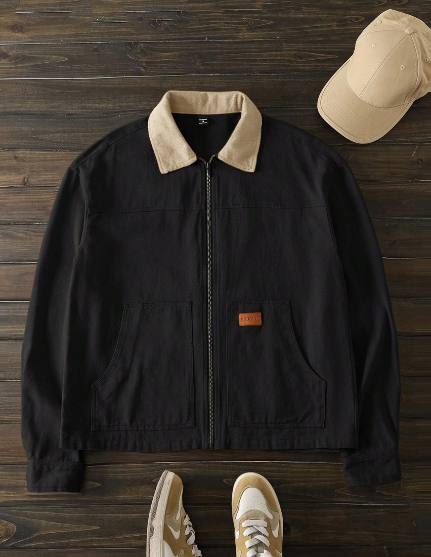 Men s Black And Beige Colorblock Zip Up Casual Jacket Autumn Slim Fit Woven Shacket With Shirt Collar Holiday Vintage Cropped Coat Father s Day Gifts