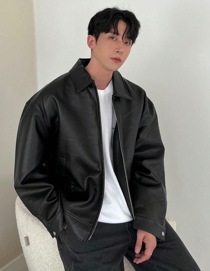 1pc Men Plain Black Faux Leather Jacket For Autumn Grunge