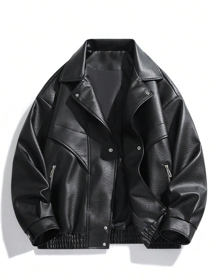 1pc Men s Black Fashionable Lightweight Loose Retro American Motorcycle PU Leather Collar Jacket Streetwear