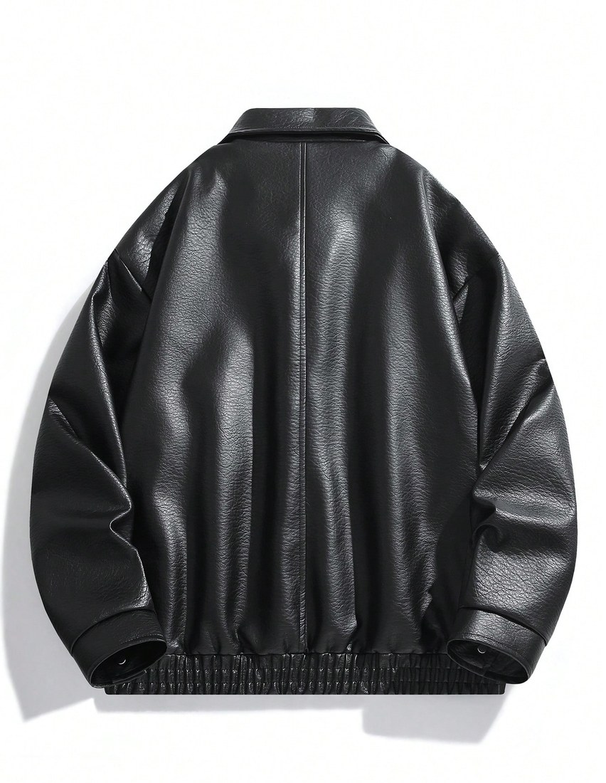 1pc Men s Black Fashionable Lightweight Loose Retro American Motorcycle PU Leather Collar Jacket Streetwear
