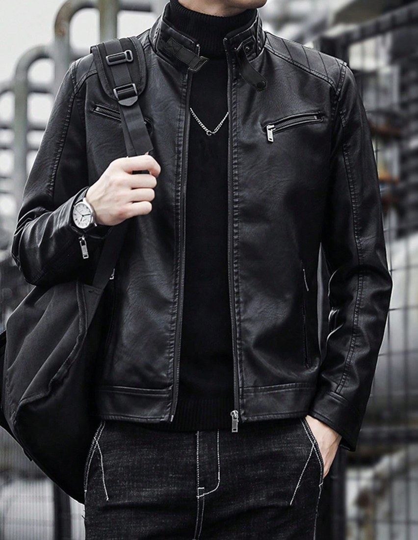 1pc Men s Leather Motorcycle Jacket Suitable For Outdoor Spring And Autumn