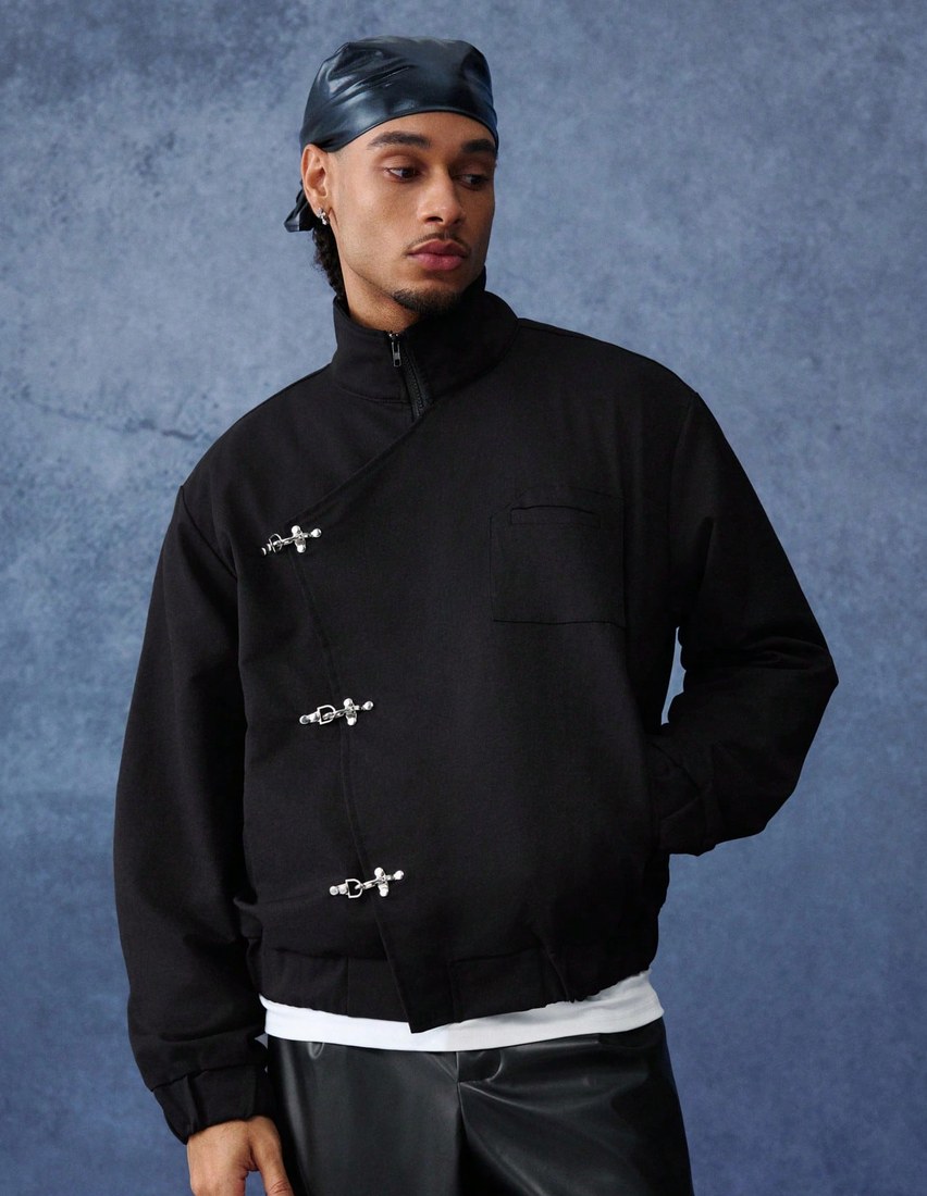 Men s Dark Techwear Asymmetrical Metal Button Aviator Jacket Cleanfit Minimalist Streetwear Style Niche Unique Design Luxury High End Dark Techwear Avant Garde Deconstruction Cleanfit Minimali
