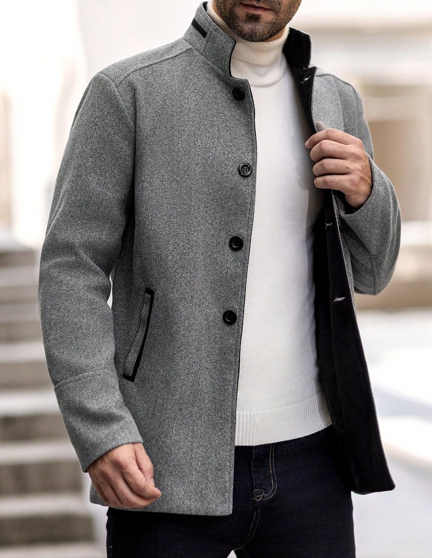 Men s Long Sleeve Casual Contrast Color Overcoat Autumn Winter Going Out Warm Light Grey Overcoat For Friends Husband Boyfriend Gifts